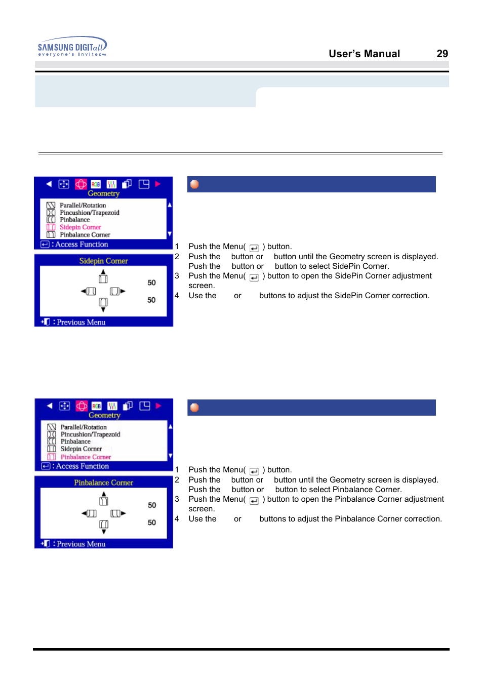 On-screen display, Sidepin corner pinbalance corner, User’s manual 29 | Menu, How to adjust | Samsung PG19NSBU-ADC User Manual | Page 31 / 88