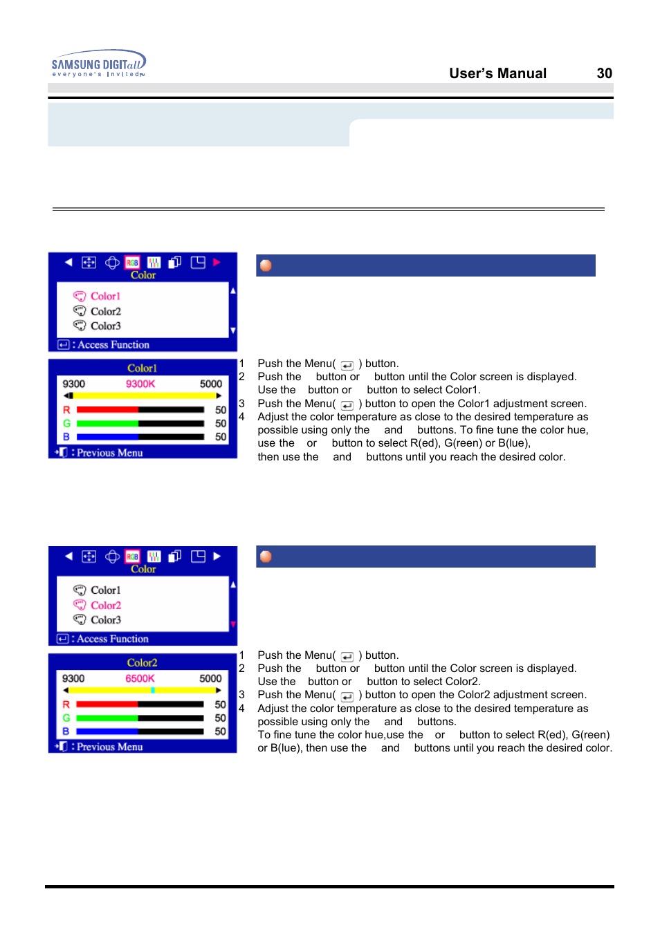 On-screen display, Color1 color2, User’s manual 30 | Menu, How to adjust | Samsung PG19NSBU-ADC User Manual | Page 32 / 88