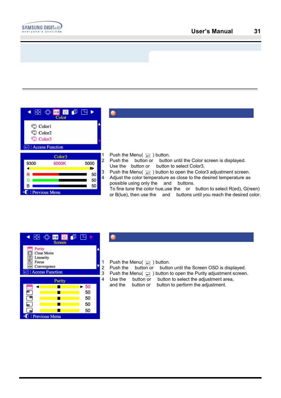 On-screen display, Color3 purity, User’s manual 31 | Menu, How to adjust | Samsung PG19NSBU-ADC User Manual | Page 33 / 88