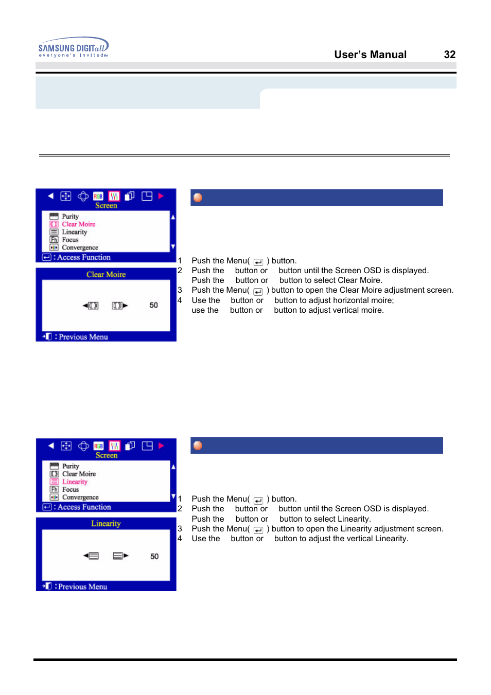 On-screen display, Clear moire linearity, User’s manual 32 | Menu, How to adjust | Samsung PG19NSBU-ADC User Manual | Page 34 / 88