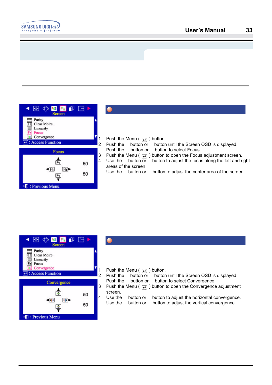 On-screen display, Focus convergence, User’s manual 33 | Menu, How to adjust | Samsung PG19NSBU-ADC User Manual | Page 35 / 88