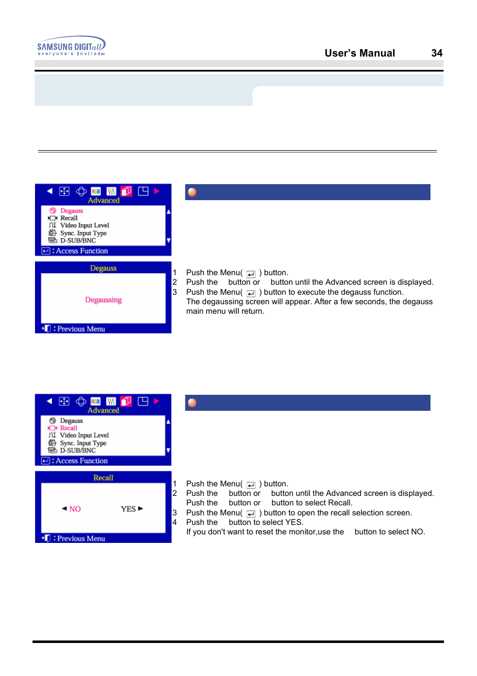 On-screen display, Degauss recall, User’s manual 34 | Samsung PG19NSBU-ADC User Manual | Page 36 / 88