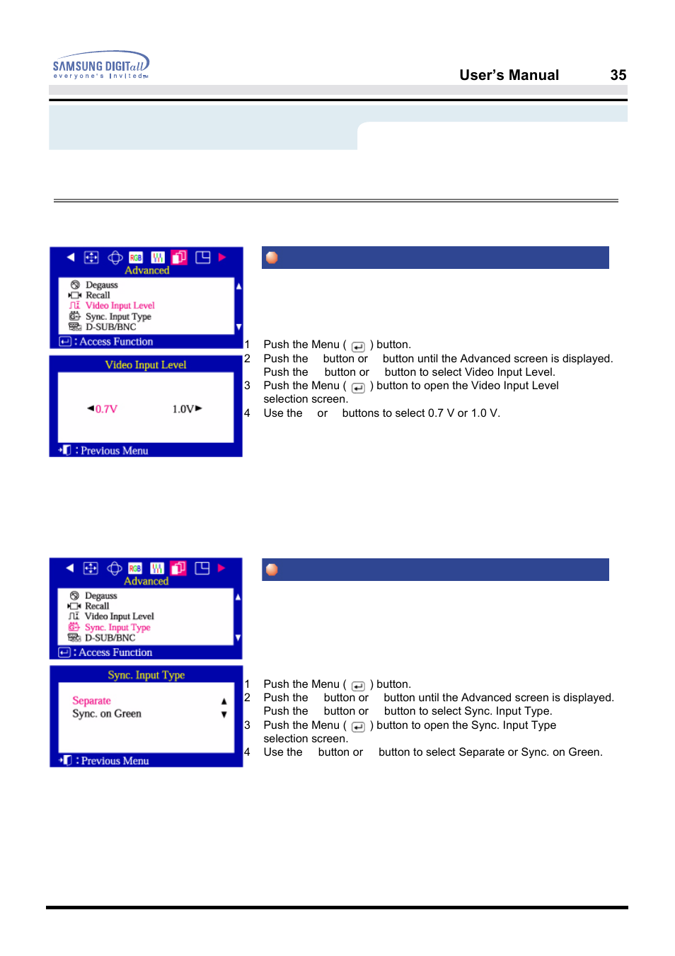 On-screen display, Video input level sync. input type (option), User’s manual 35 | Menu, How to adjust | Samsung PG19NSBU-ADC User Manual | Page 37 / 88