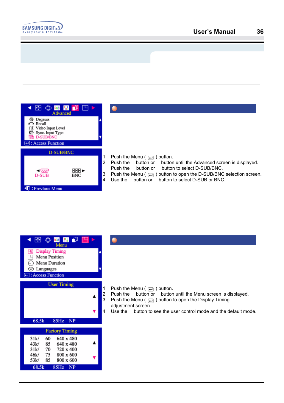 On-screen display, D-sub/bnc(option) display timing, User’s manual 36 | Samsung PG19NSBU-ADC User Manual | Page 38 / 88