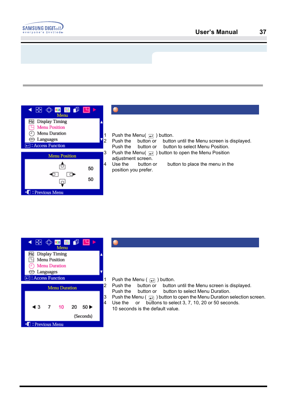 On-screen display, Menu position menu duration, User’s manual 37 | Menu, How to adjust | Samsung PG19NSBU-ADC User Manual | Page 39 / 88