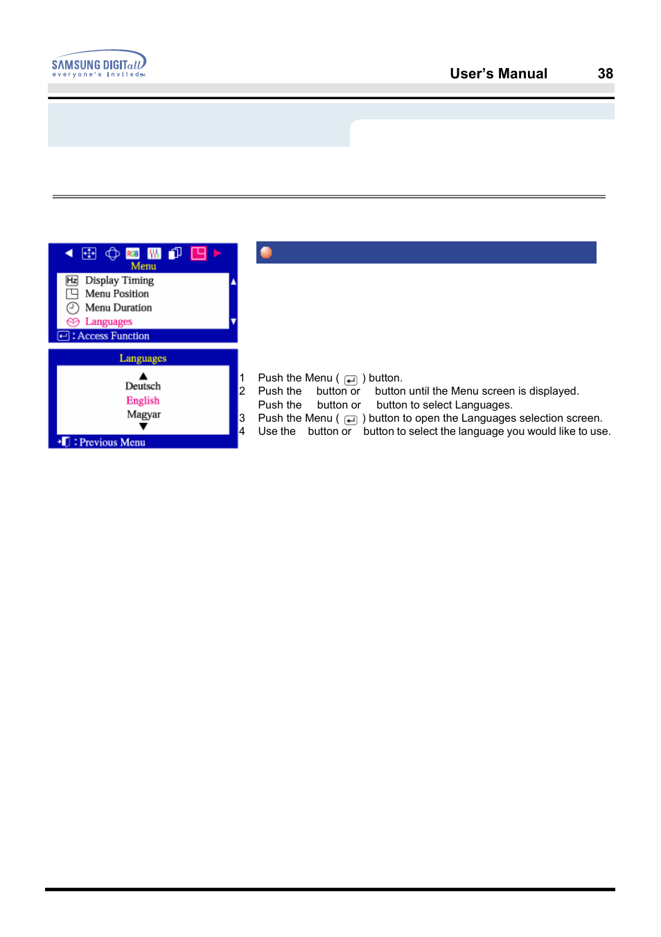 On-screen display, Languages, User’s manual 38 | Samsung PG19NSBU-ADC User Manual | Page 40 / 88