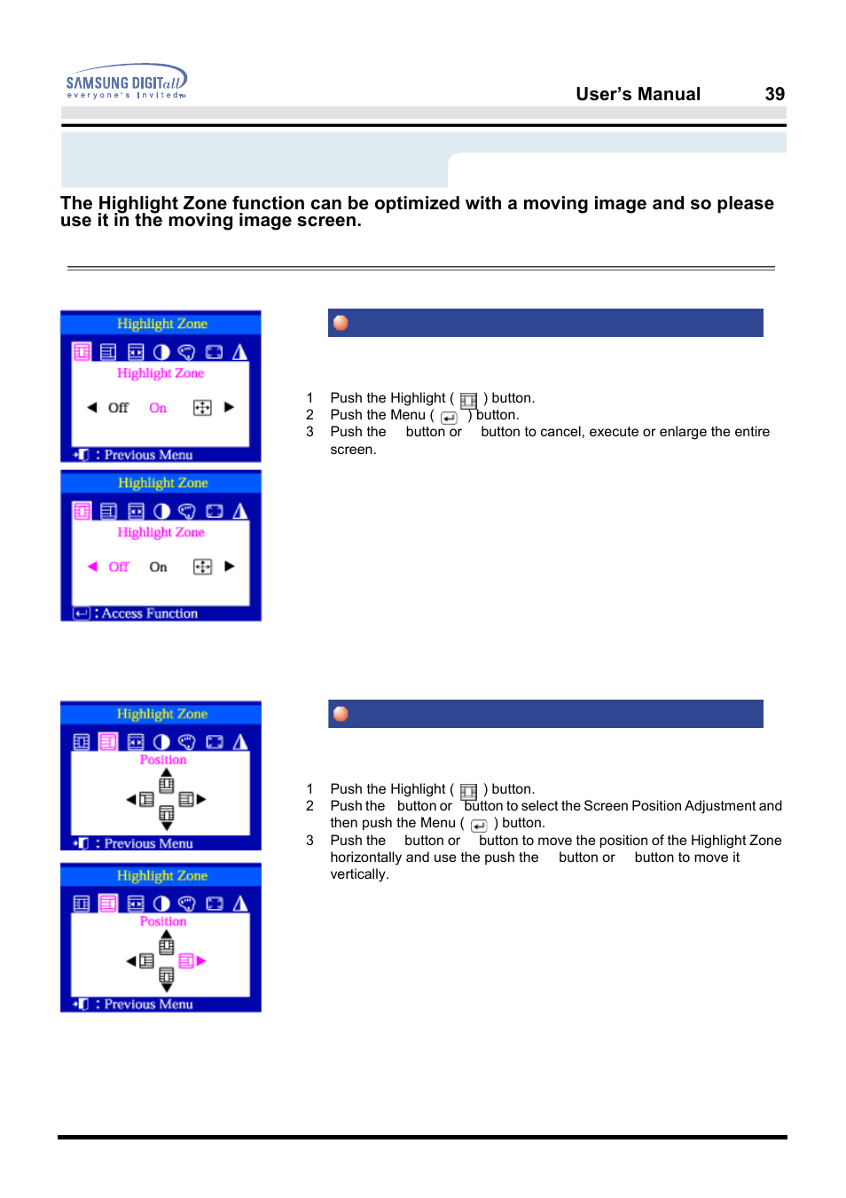 On-screen display, Highlight position, User’s manual 39 | Samsung PG19NSBU-ADC User Manual | Page 41 / 88