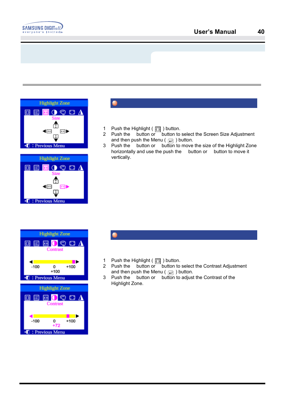 On-screen display, Size contrast, User’s manual 40 | Samsung PG19NSBU-ADC User Manual | Page 42 / 88