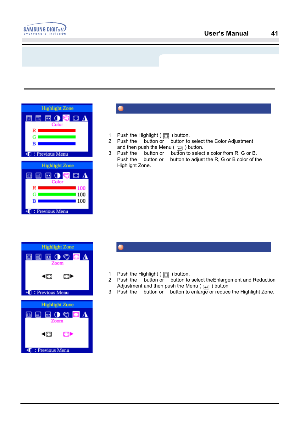 On-screen display, Color zoom, User’s manual 41 | Samsung PG19NSBU-ADC User Manual | Page 43 / 88