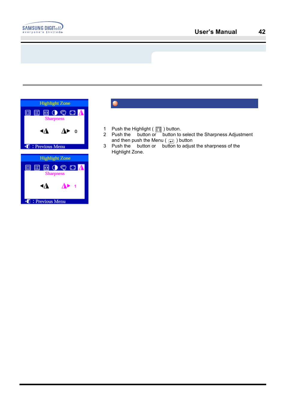 On-screen display, Sharpness, User’s manual 42 | Samsung PG19NSBU-ADC User Manual | Page 44 / 88