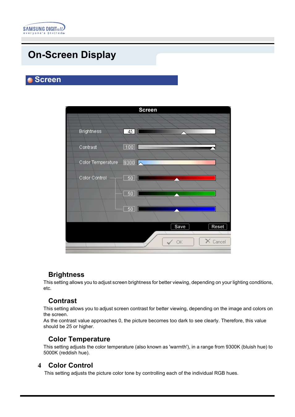 On-screen display, Screen | Samsung PG19NSBU-ADC User Manual | Page 45 / 88