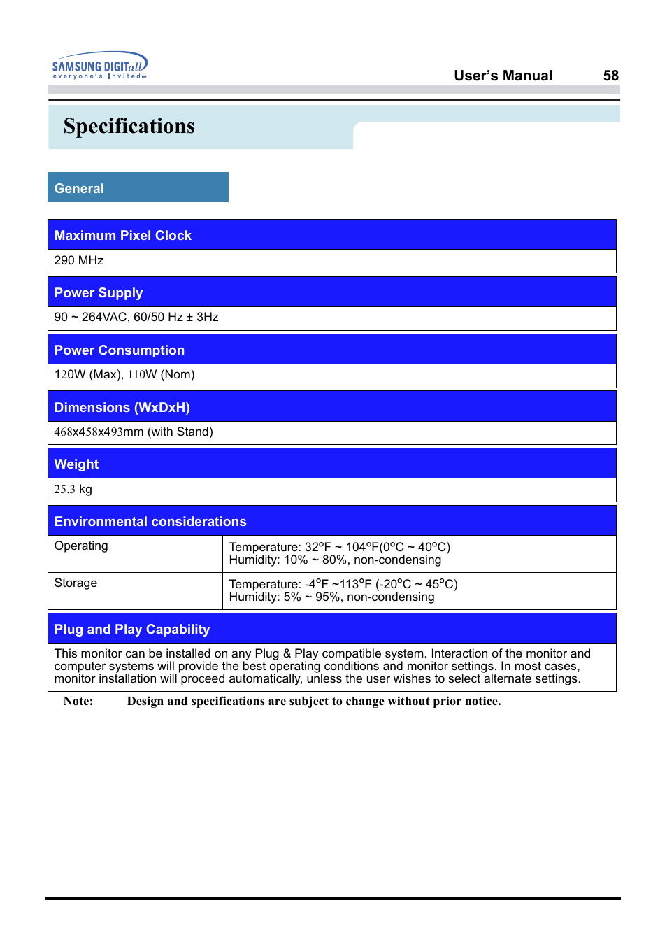 Specifications | Samsung PG19NSBU-ADC User Manual | Page 72 / 88