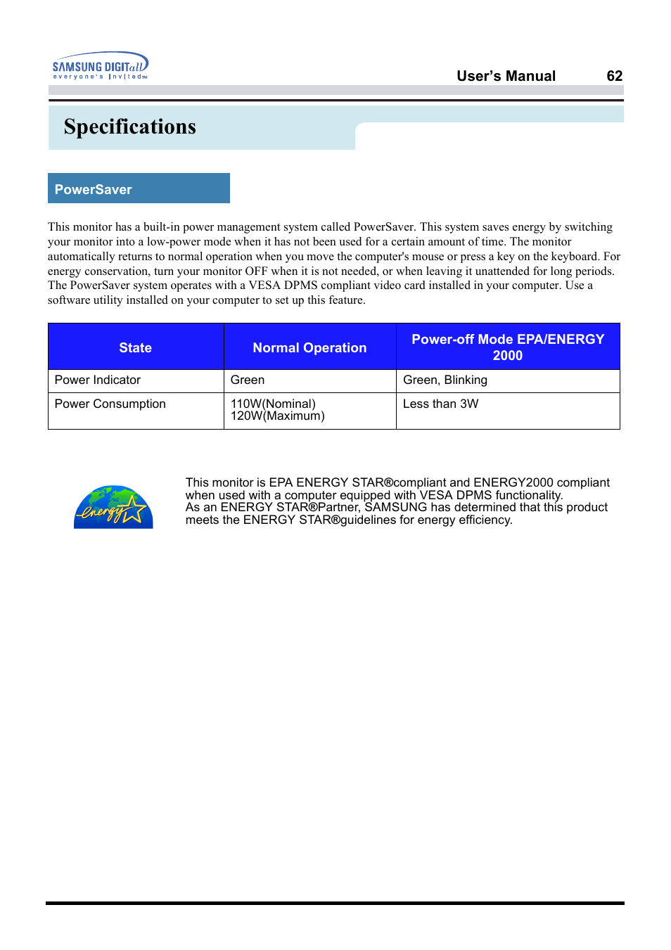 Specifications | Samsung PG19NSBU-ADC User Manual | Page 76 / 88