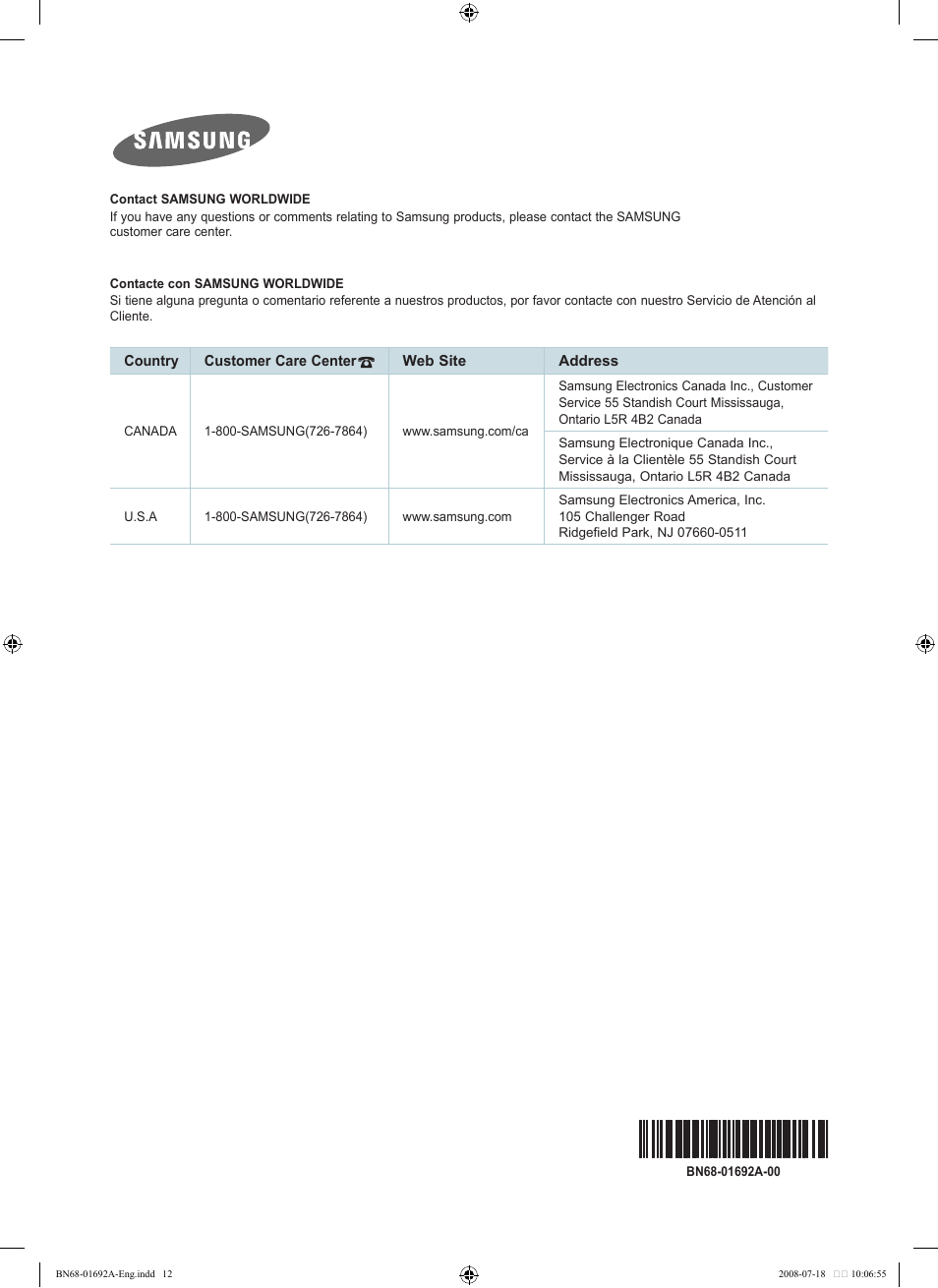 Samsung LN46A860S2FXZA User Manual | Page 12 / 12