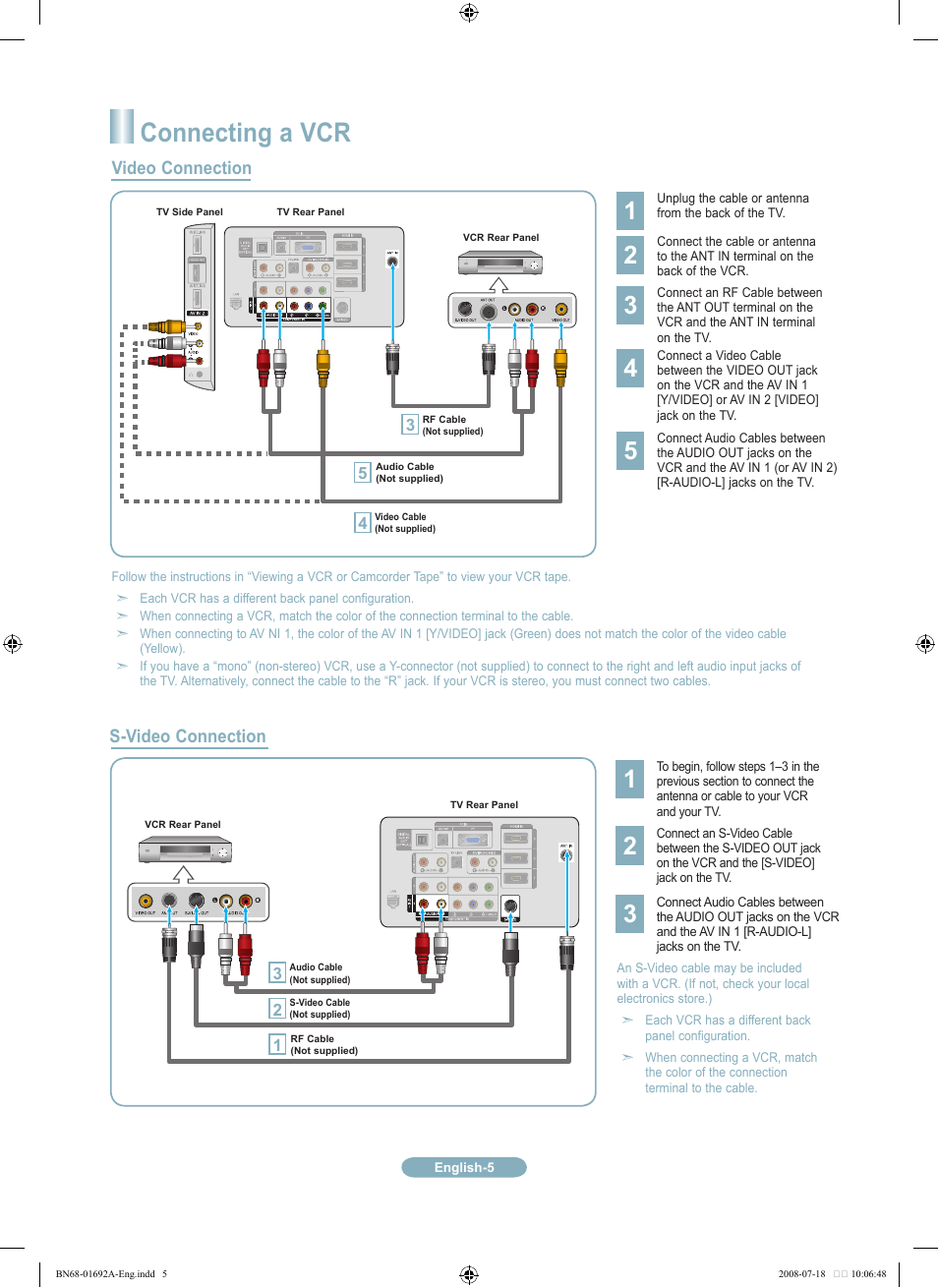 Connecting a vcr, Video connection s-video connection | Samsung LN46A860S2FXZA User Manual | Page 5 / 12