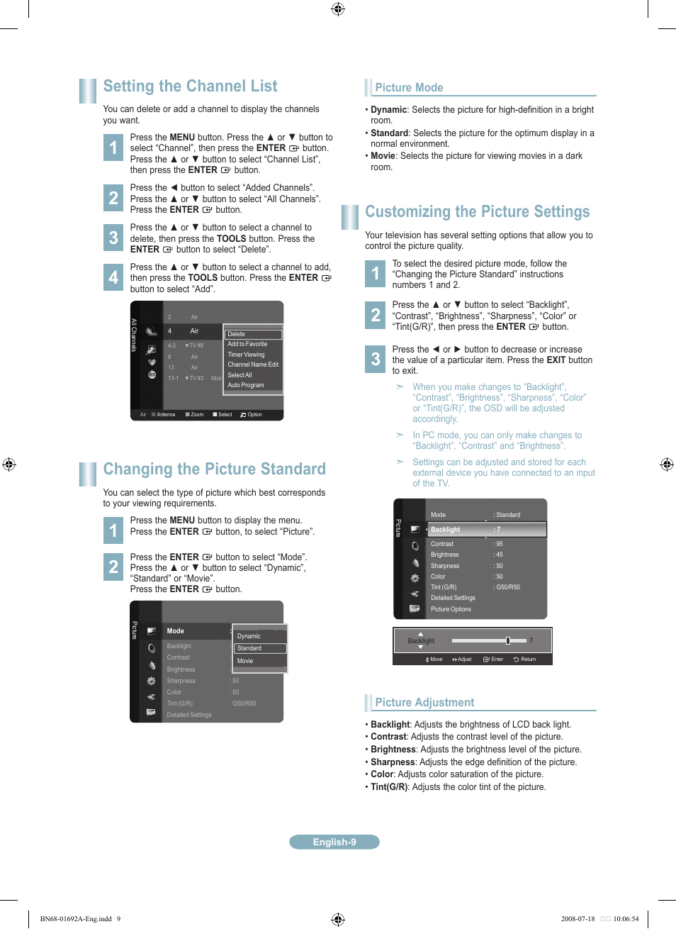 Setting the channel list, Changing the picture standard, Customizing the picture settings | Picture mode, Picture adjustment | Samsung LN46A860S2FXZA User Manual | Page 9 / 12