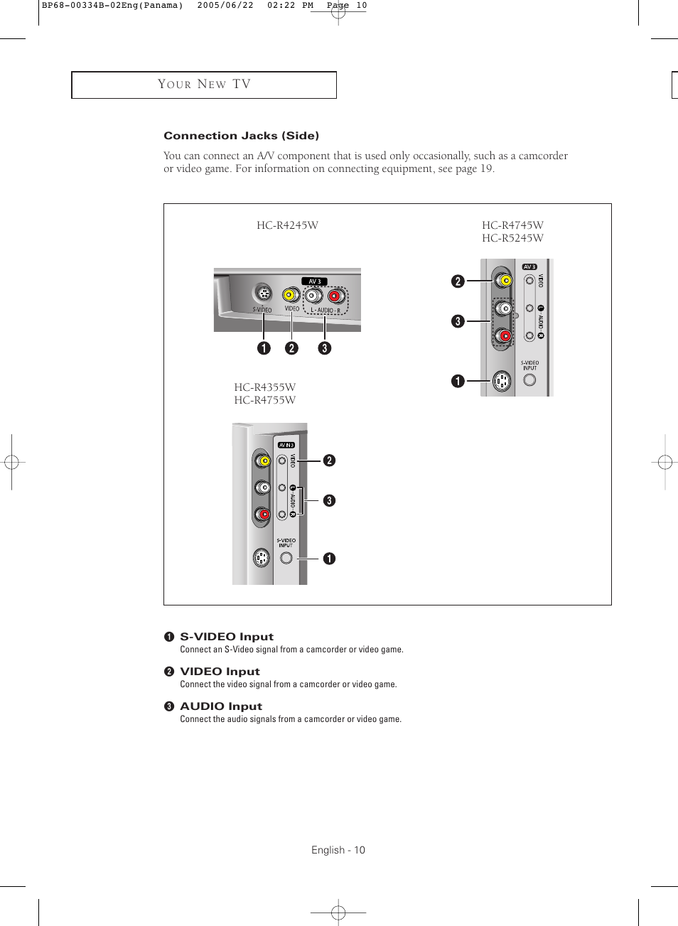 Connection jacks(side) | Samsung HCR4755WX-XAA User Manual | Page 10 / 80