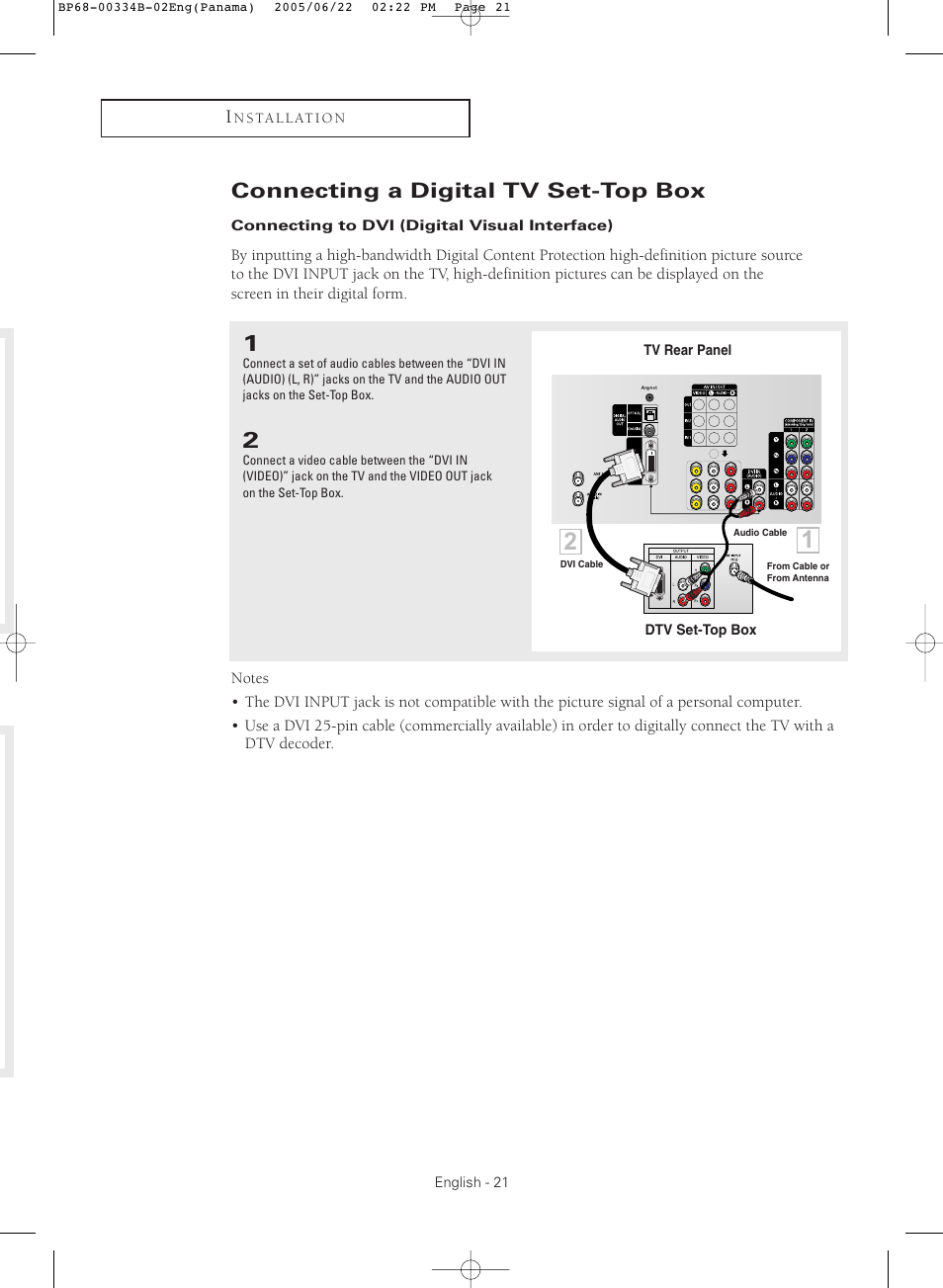 Connecting a digital tv set-top box, Connecting to dvi(digital visual interface) | Samsung HCR4755WX-XAA User Manual | Page 21 / 80