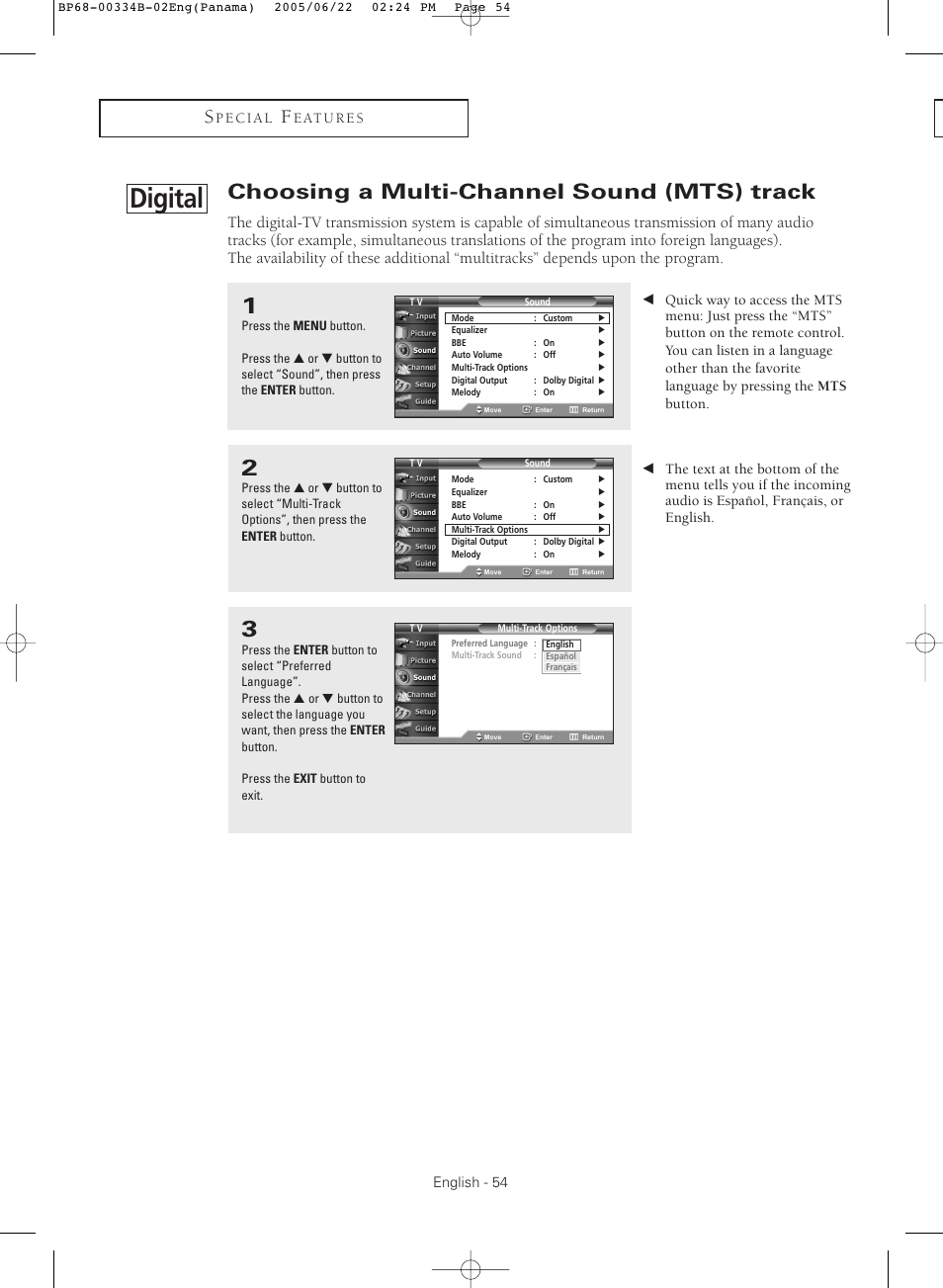 Choosing a multi-channel sound(mts) track-digital, Digital, Choosing a multi-channel sound (mts) track | Samsung HCR4755WX-XAA User Manual | Page 54 / 80