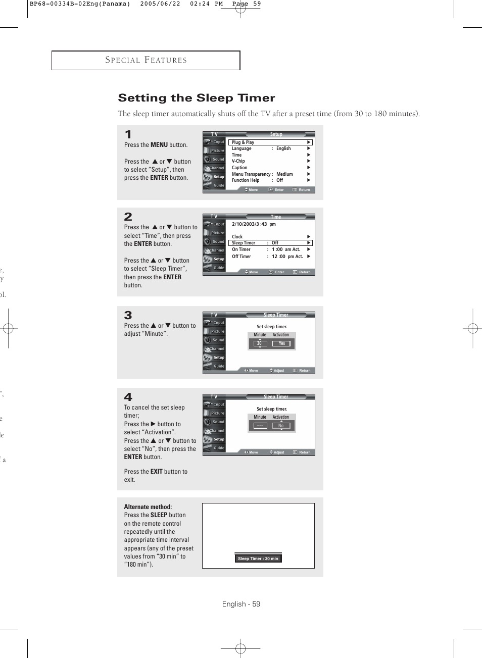 Setting the sleep timer | Samsung HCR4755WX-XAA User Manual | Page 59 / 80