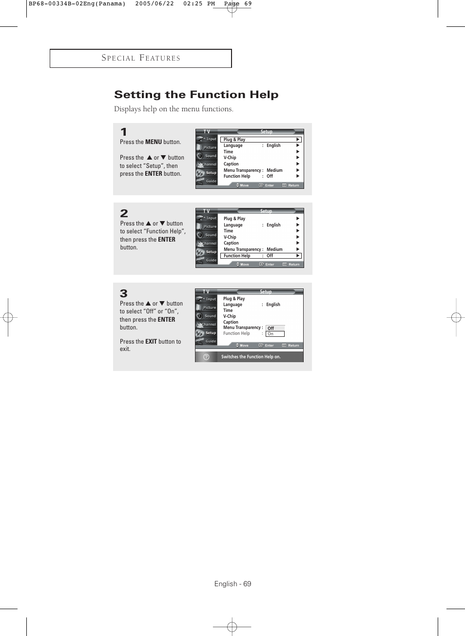 Setting the function help, Displays help on the menu functions | Samsung HCR4755WX-XAA User Manual | Page 69 / 80