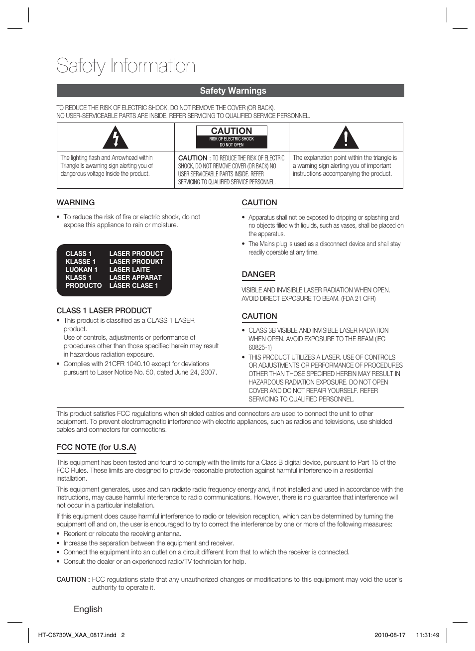 Safety information, Safety warnings | Samsung HT-C6730W-XAA User Manual | Page 2 / 71