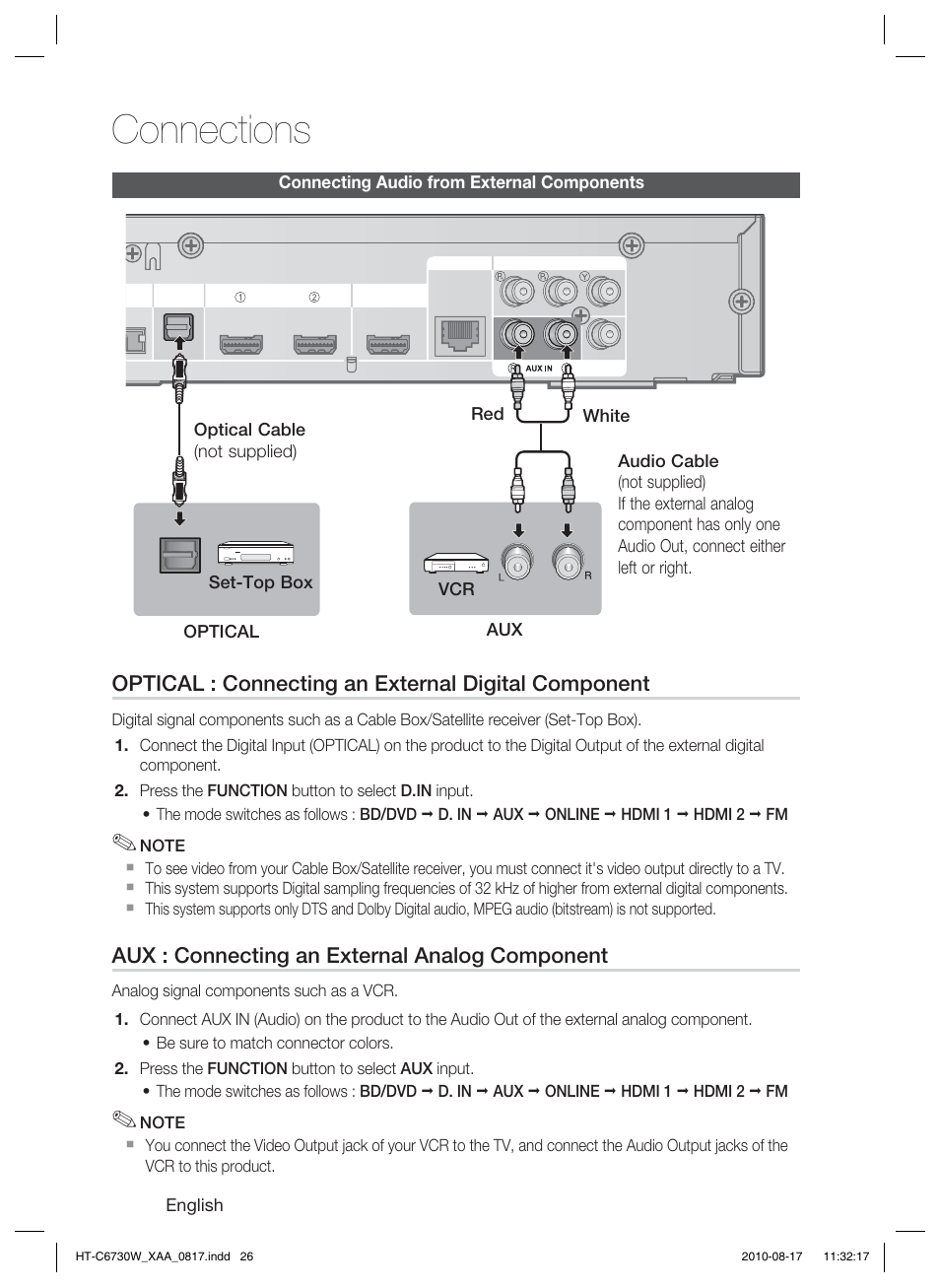 Connecting audio from external components, Connections, Optical : connecting an external digital component | Aux : connecting an external analog component | Samsung HT-C6730W-XAA User Manual | Page 26 / 71