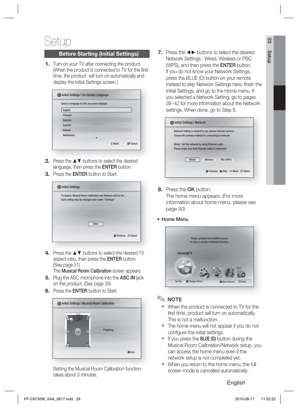 Setup, Before starting (initial settings), English | Samsung HT-C6730W-XAA User Manual | Page 29 / 71