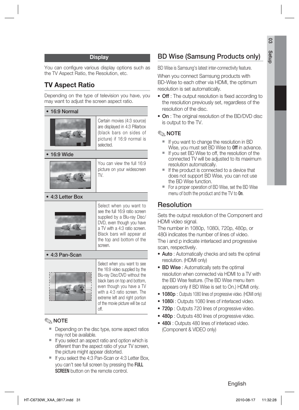 Display, Tv aspect ratio, Bd wise (samsung products only) | Resolution | Samsung HT-C6730W-XAA User Manual | Page 31 / 71