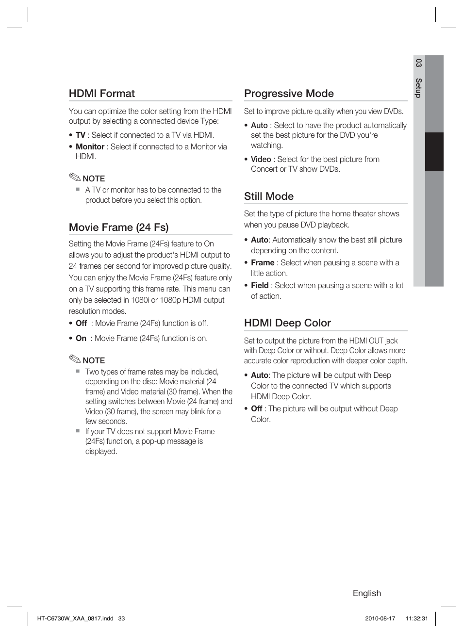 Hdmi format, Movie frame (24 fs), Progressive mode | Still mode, Hdmi deep color | Samsung HT-C6730W-XAA User Manual | Page 33 / 71