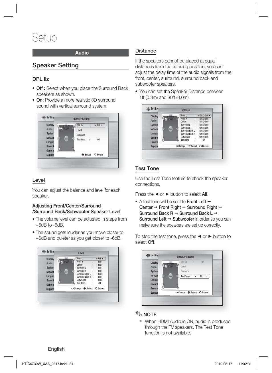 Audio, Speaker setting, Setup | English, Audio distance, Test tone, Dpl llz, Level | Samsung HT-C6730W-XAA User Manual | Page 34 / 71