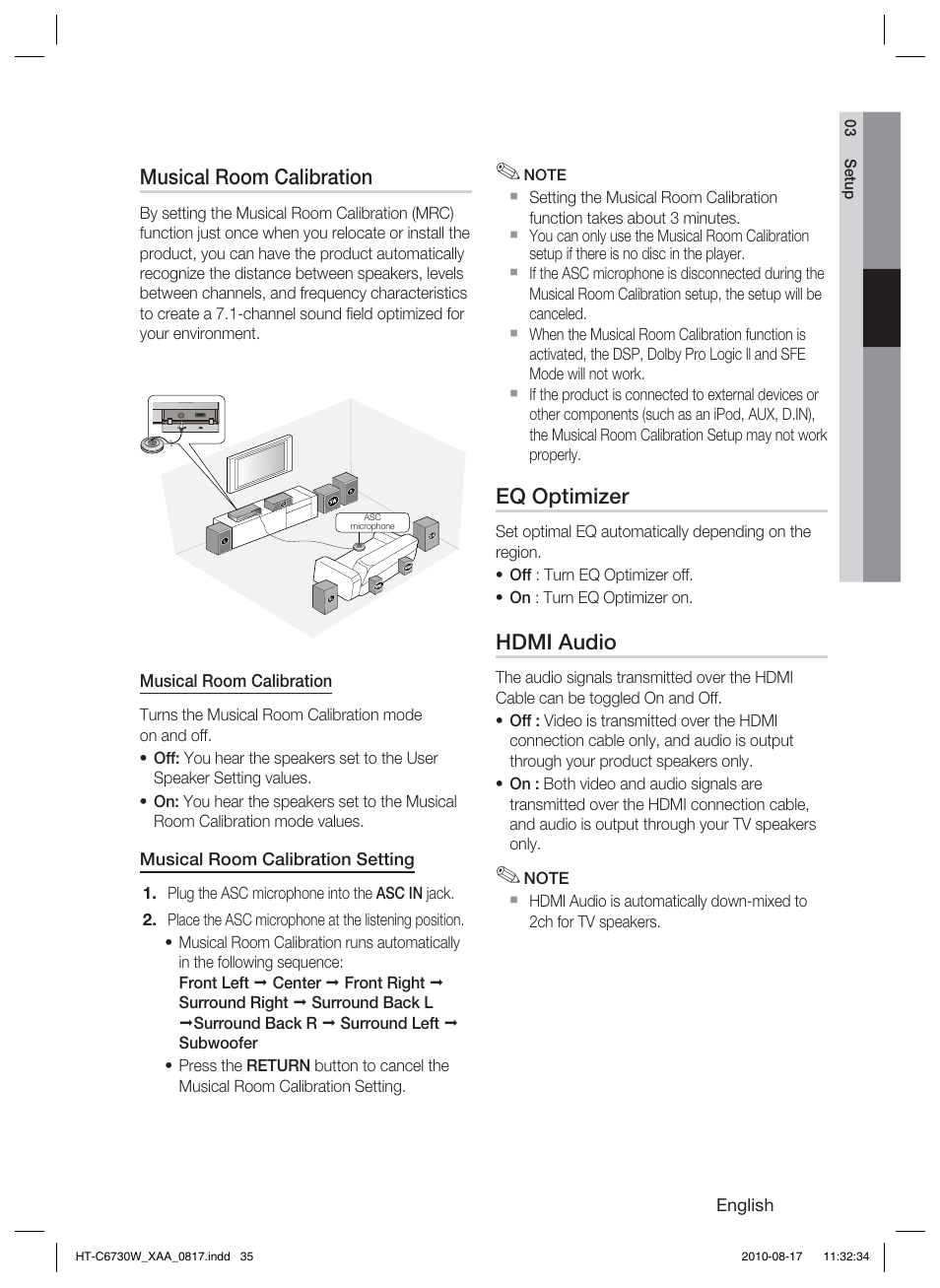 Musical room calibration, Eq optimizer, Hdmi audio | Samsung HT-C6730W-XAA User Manual | Page 35 / 71