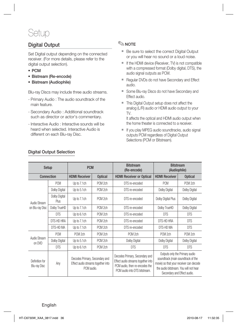 Digital output, Setup | Samsung HT-C6730W-XAA User Manual | Page 36 / 71