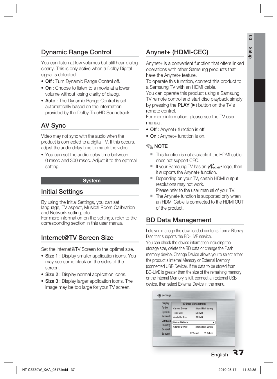 Dynamic range control, Av sync, System | Initial settings, Internet@tv screen size, Anynet+ (hdmi-cec), Bd data management | Samsung HT-C6730W-XAA User Manual | Page 37 / 71