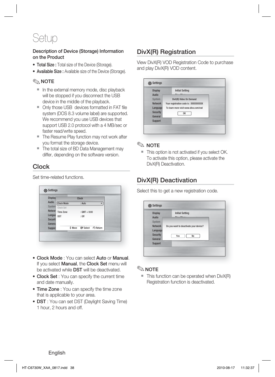 Clock, Divx(r) registration, Divx(r) deactivation | Setup, English | Samsung HT-C6730W-XAA User Manual | Page 38 / 71