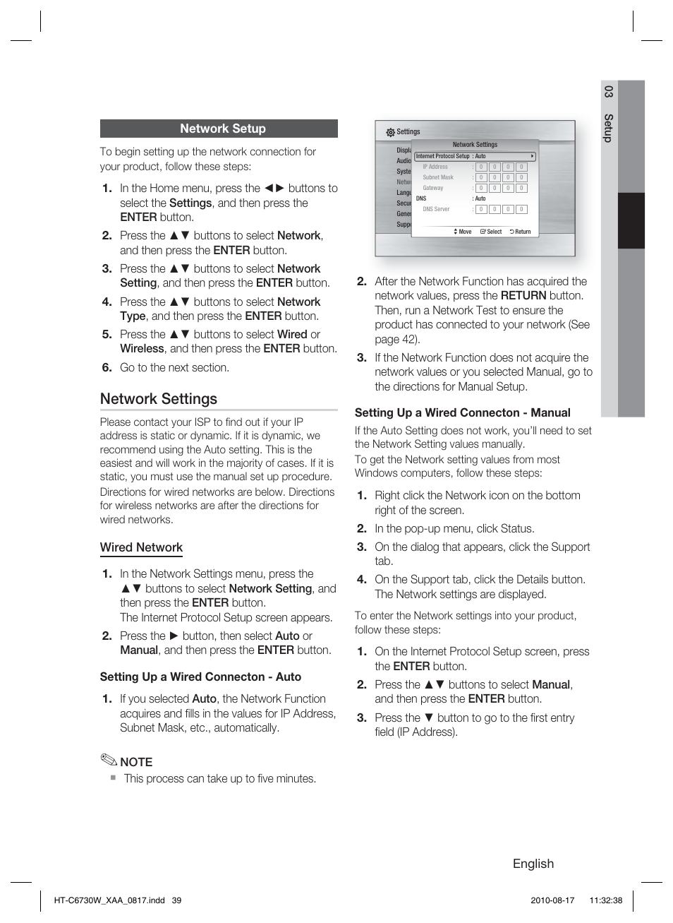 Network setup, Network settings | Samsung HT-C6730W-XAA User Manual | Page 39 / 71