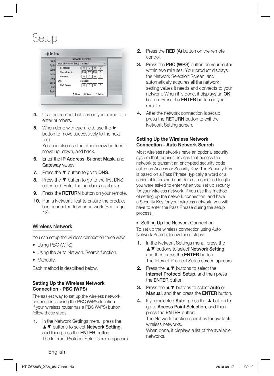 Setup | Samsung HT-C6730W-XAA User Manual | Page 40 / 71