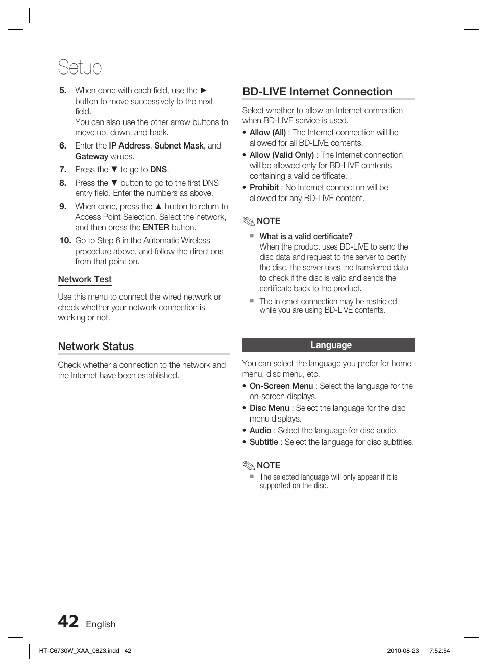 Network status, Bd-live internet connection, Language | Setup | Samsung HT-C6730W-XAA User Manual | Page 42 / 71