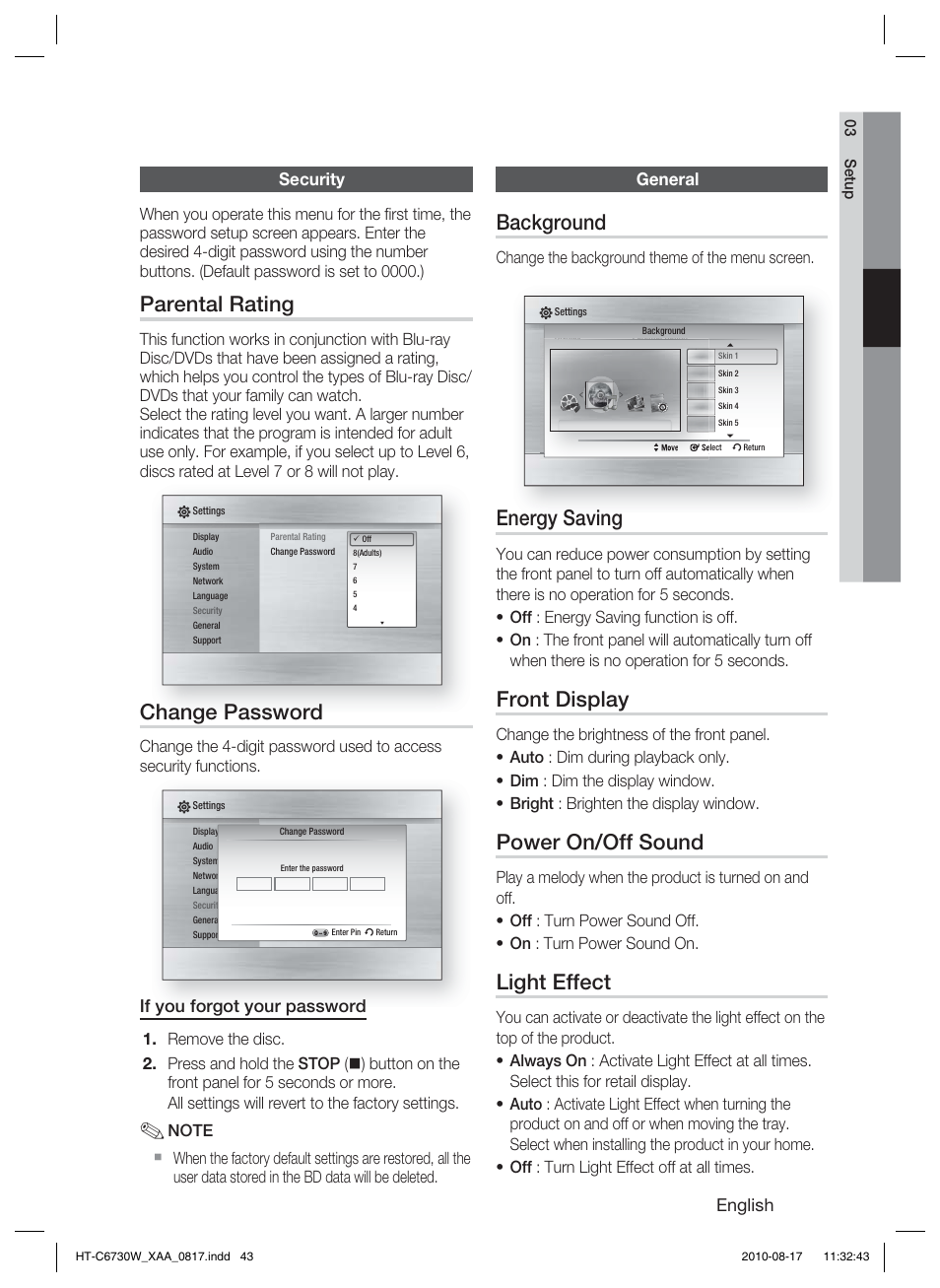 Security, Parental rating, Change password | General, Background, Energy saving, Front display, Power on/off sound, Light effect, English | Samsung HT-C6730W-XAA User Manual | Page 43 / 71