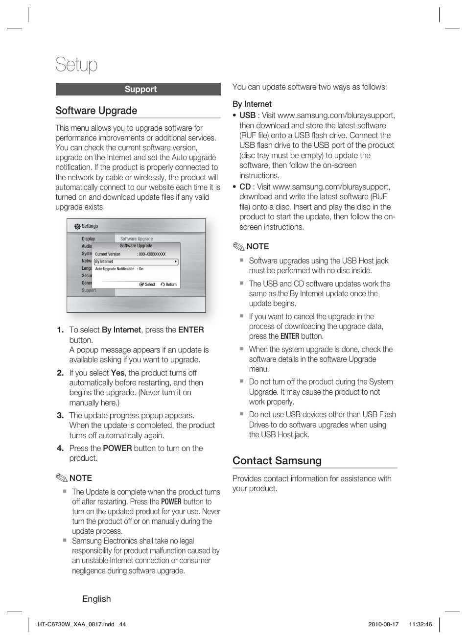 Support, Software upgrade, Contact samsung | Setup | Samsung HT-C6730W-XAA User Manual | Page 44 / 71