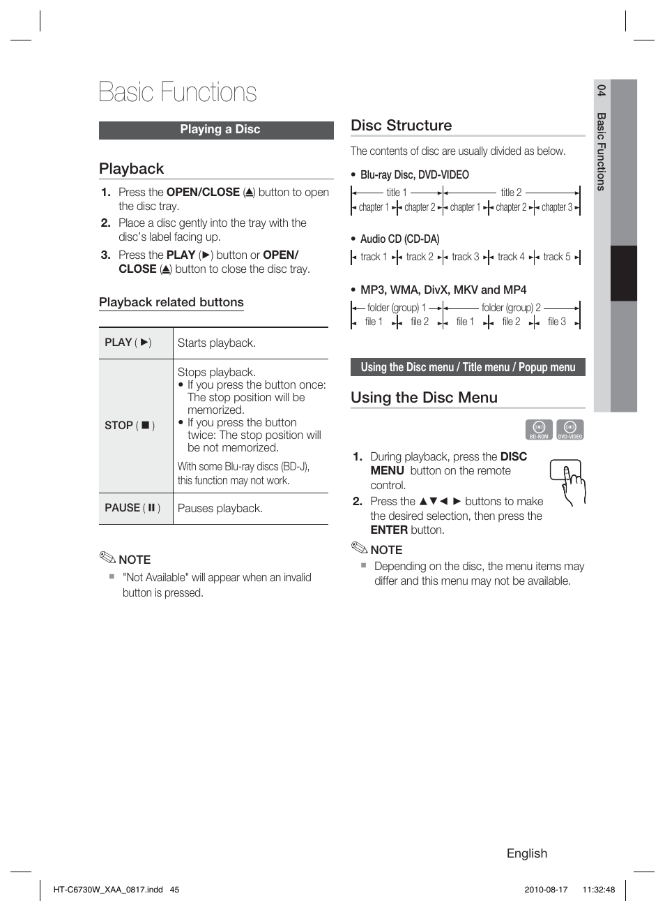 Basic functions, Playing a disc, Using the disc menu / title menu / popup menu | Playback, Disc structure, Using the disc menu | Samsung HT-C6730W-XAA User Manual | Page 45 / 71