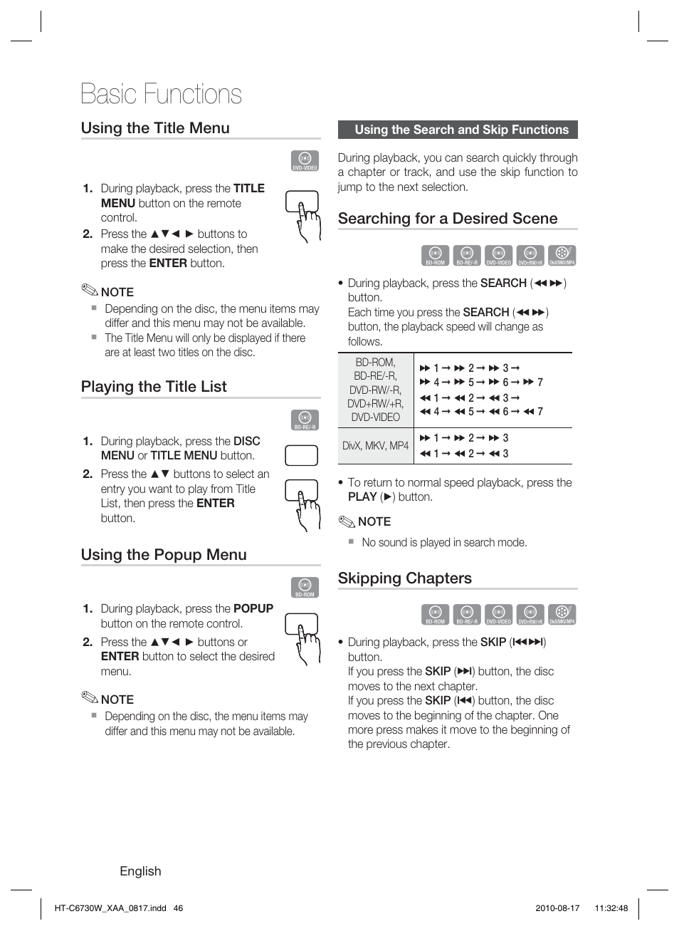 Using the search and skip functions, Basic functions, Hzzyx | Samsung HT-C6730W-XAA User Manual | Page 46 / 71