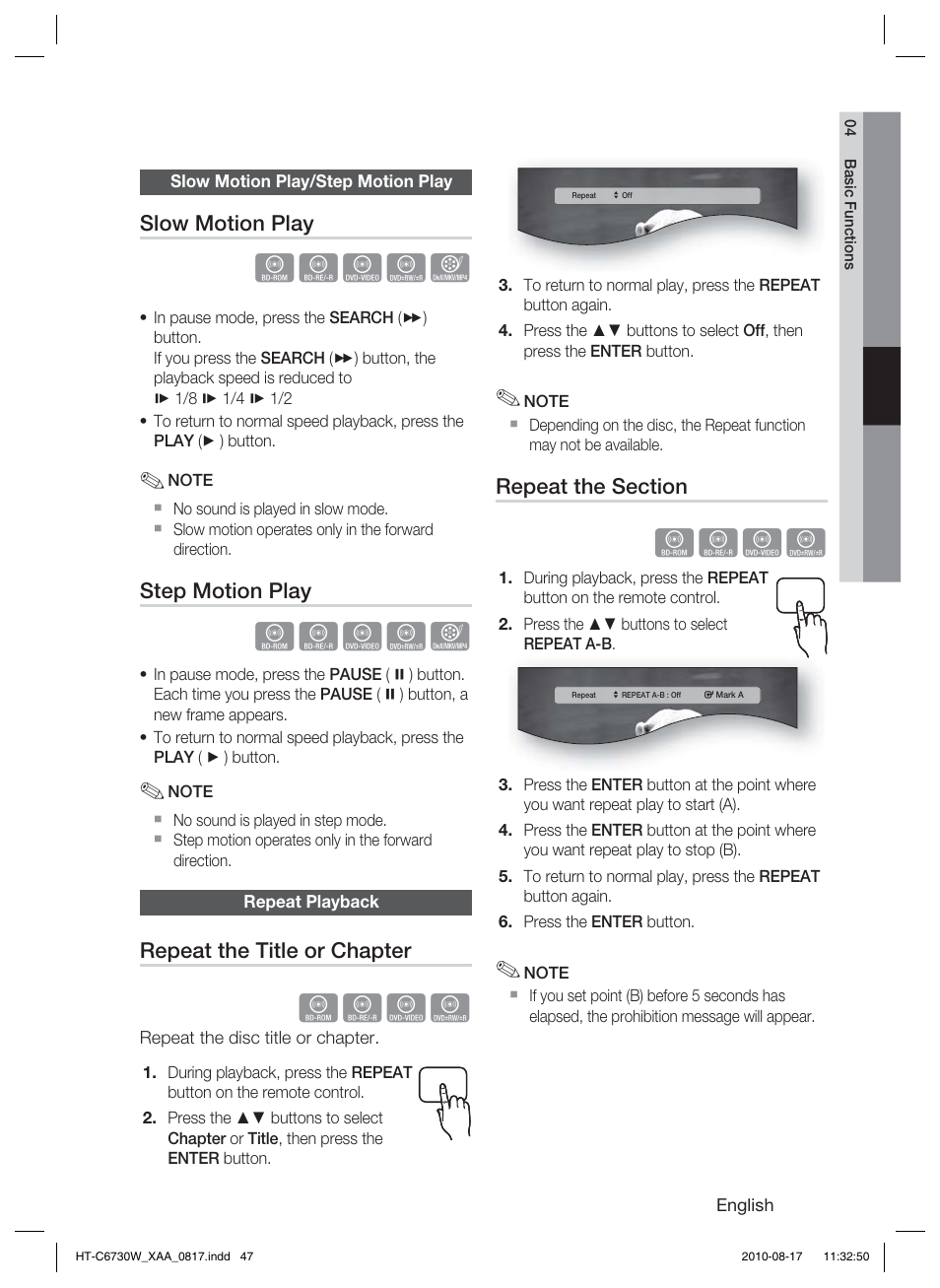 Slow motion play/step motion play, Repeat playback, Hzzyx | Hzzy, Slow motion play, Step motion play, Repeat the title or chapter | Samsung HT-C6730W-XAA User Manual | Page 47 / 71