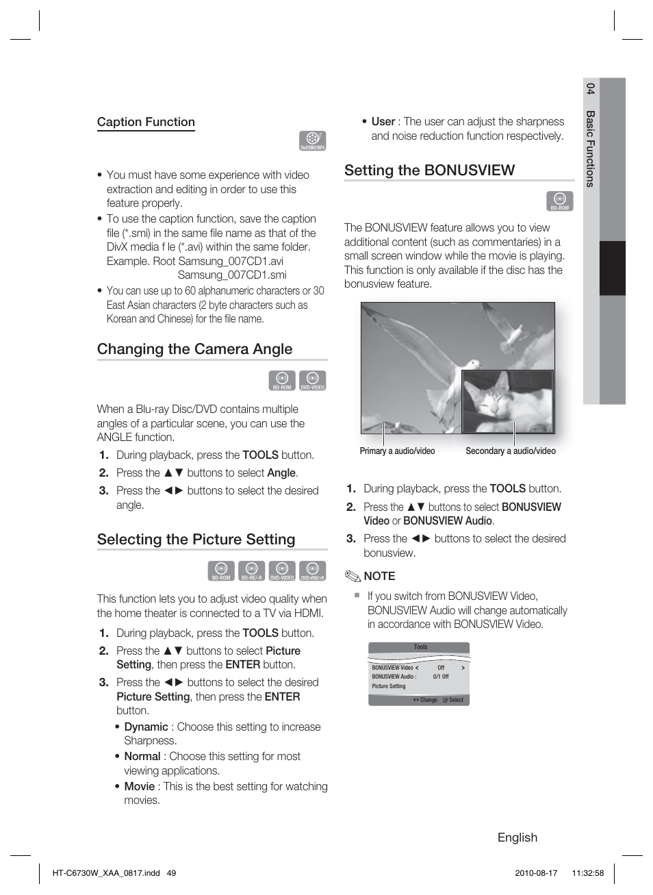 Hzzy, Changing the camera angle, Selecting the picture setting | Setting the bonusview | Samsung HT-C6730W-XAA User Manual | Page 49 / 71