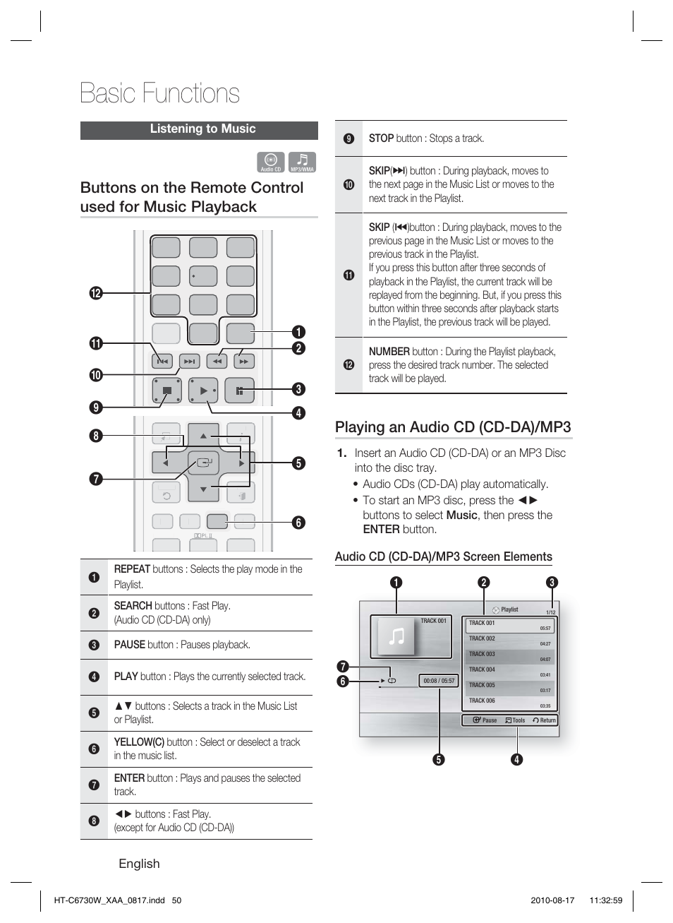 Listening to music, Basic functions, Playing an audio cd (cd-da)/mp3 | English, Audio cd (cd-da)/mp3 screen elements | Samsung HT-C6730W-XAA User Manual | Page 50 / 71