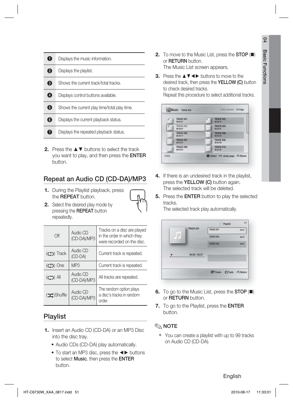 Repeat an audio cd (cd-da)/mp3, Playlist, English | Samsung HT-C6730W-XAA User Manual | Page 51 / 71