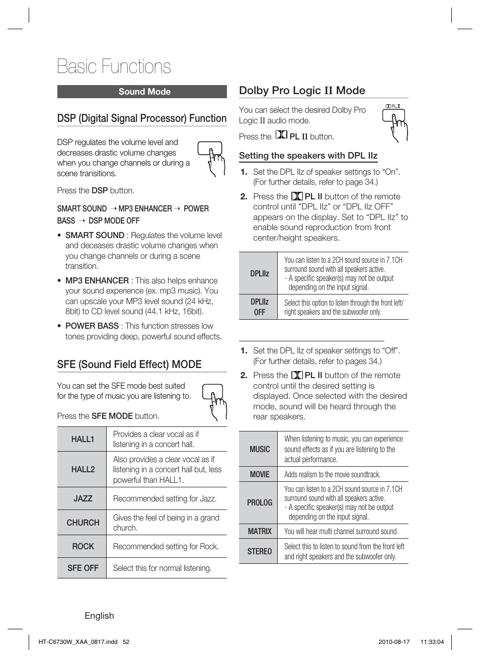 Sound mode, Basic functions, Dsp (digital signal processor) function | Sfe (sound field effect) mode, Dolby pro logic ii mode | Samsung HT-C6730W-XAA User Manual | Page 52 / 71