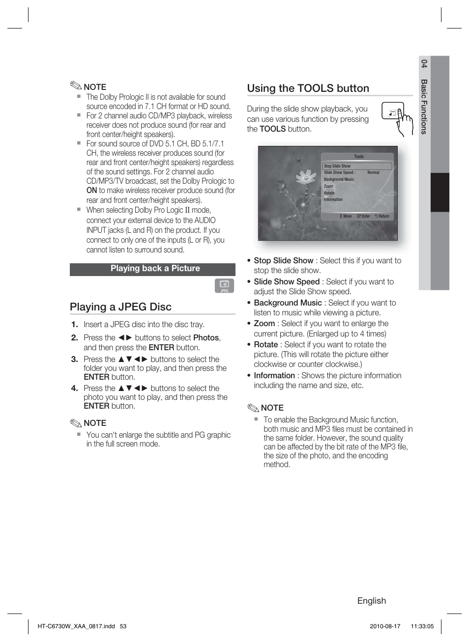 Playing back a picture, Using the tools button, Playing a jpeg disc | Samsung HT-C6730W-XAA User Manual | Page 53 / 71