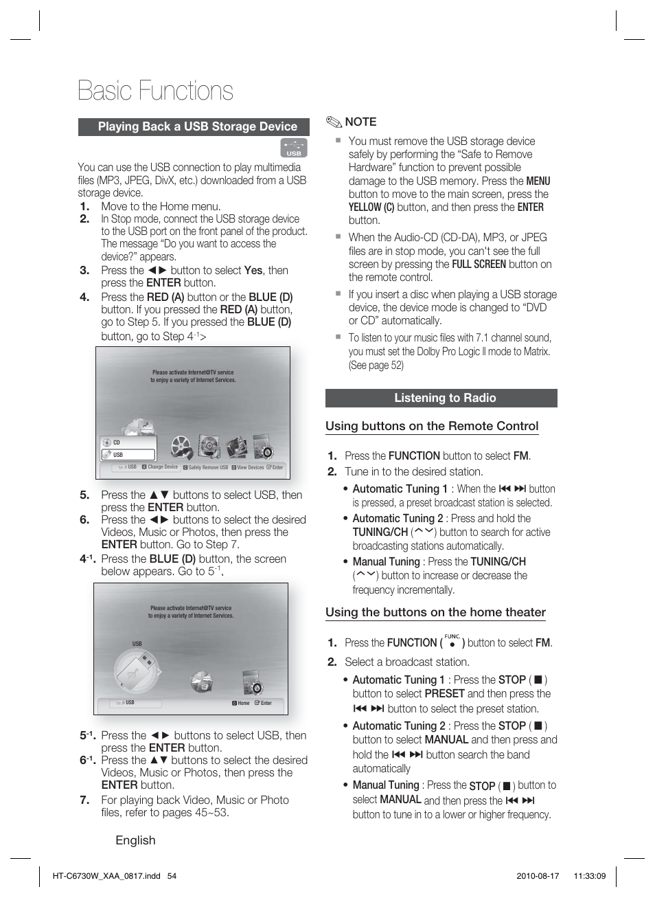 Playing back a usb storage device, Listening to radio, Basic functions | Samsung HT-C6730W-XAA User Manual | Page 54 / 71