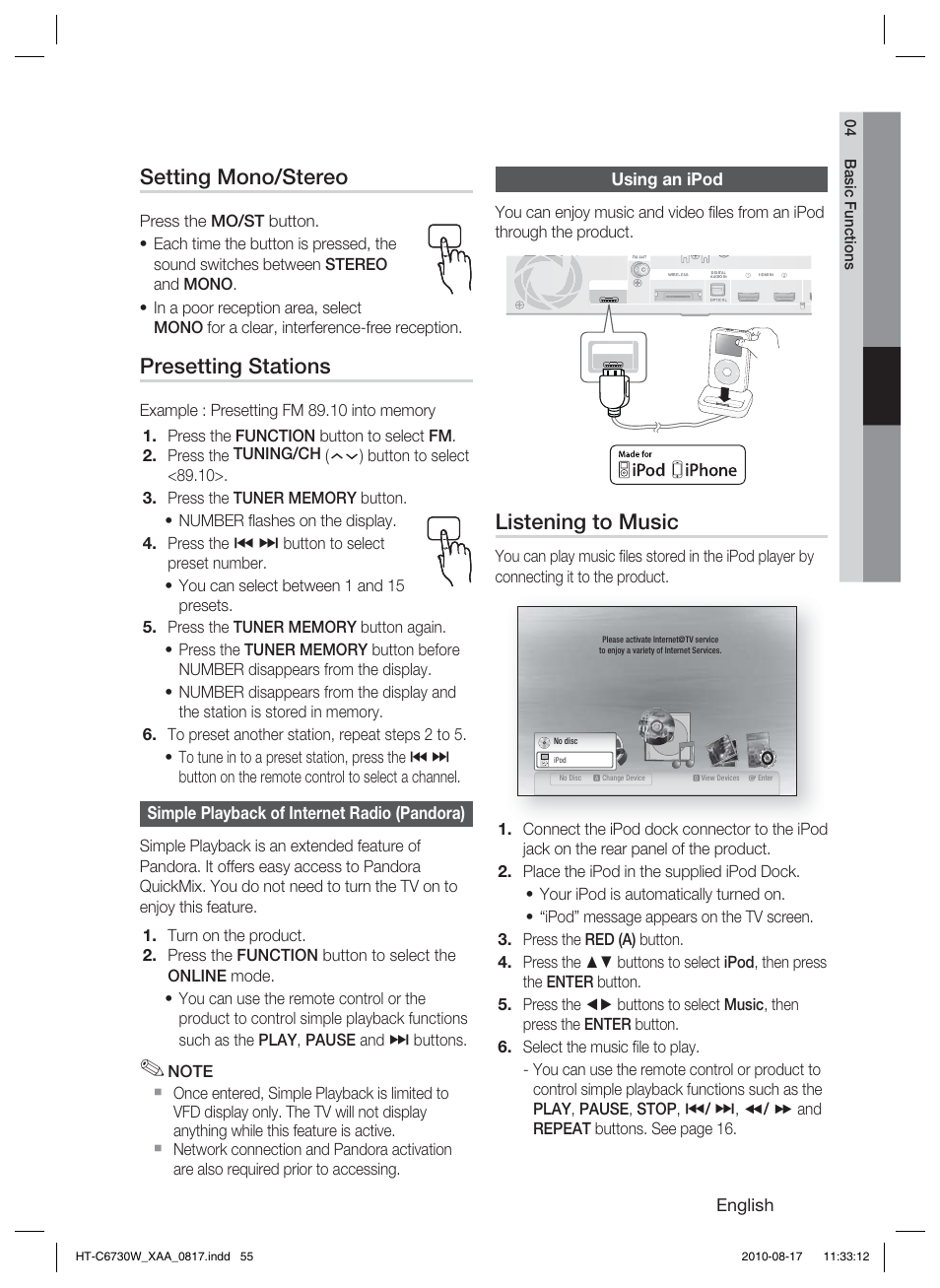 Simple playback of internet radio (pandora), Using an ipod, Listening to music | Setting mono/stereo, Presetting stations | Samsung HT-C6730W-XAA User Manual | Page 55 / 71